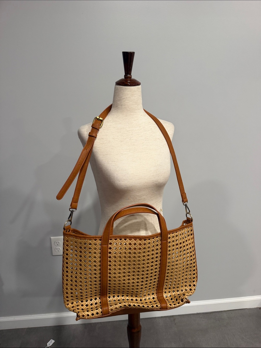 Free People Rattan Woven Straw Tote Crossbody Bag in Tan